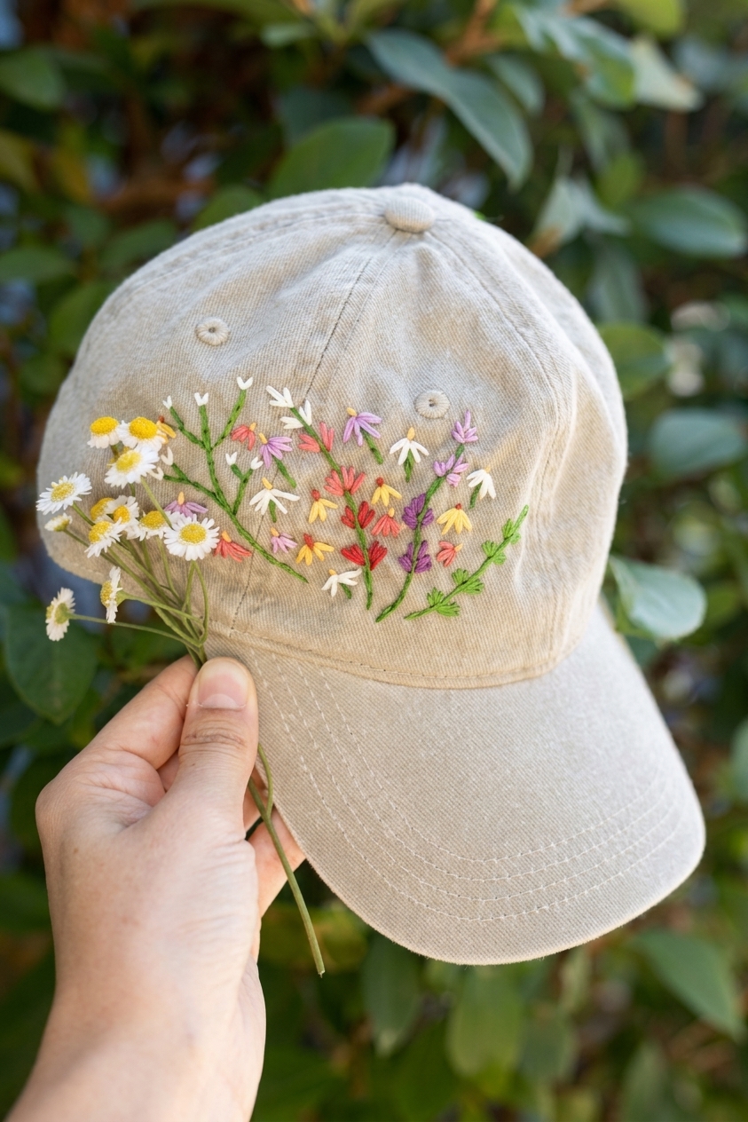 Custom Handmade Embroidered Cap – Stylish Hand Embroidery Hat for Women & Girls