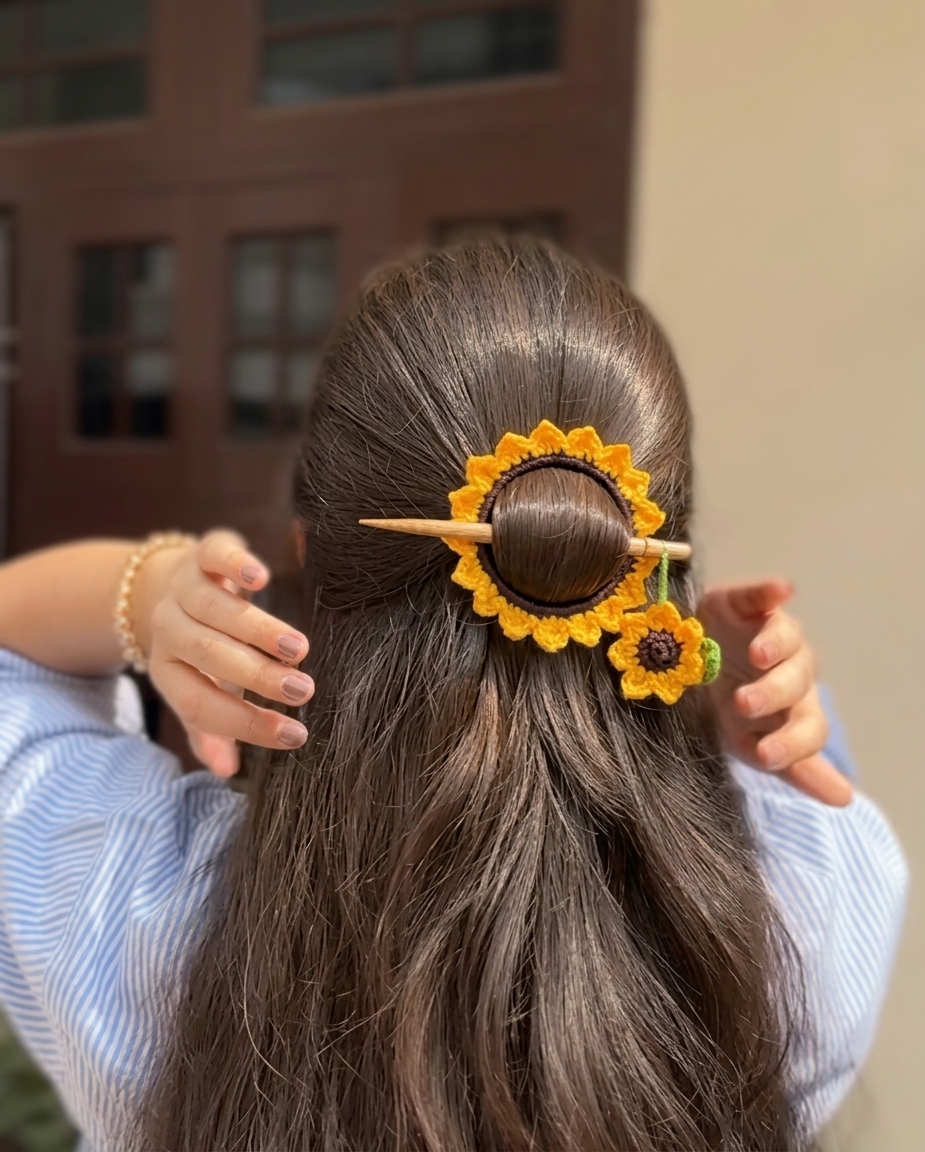 Floral Crochet Hair Slide – Boho Hair Accessory with Wooden Stick