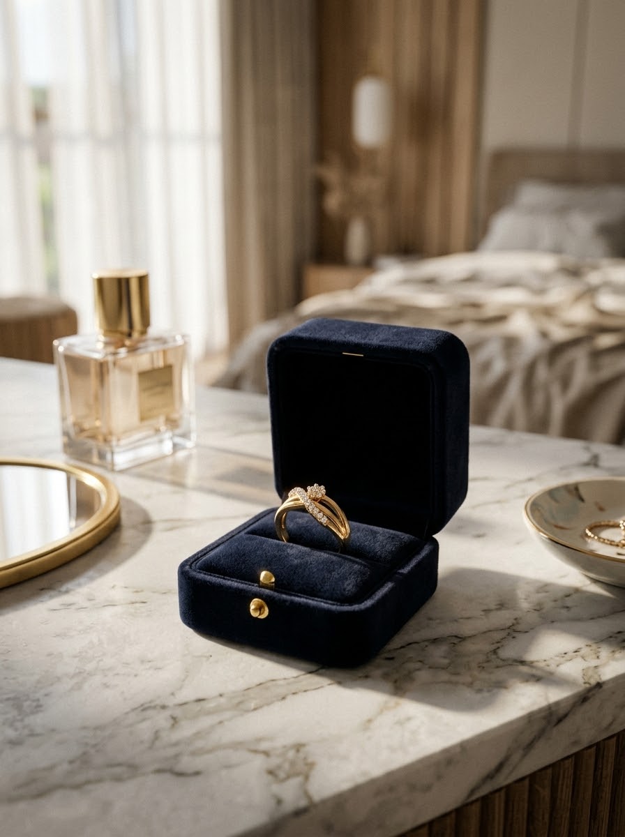 Luxury Gold Plated Diamond Ring in Premium Navy Velvet Box