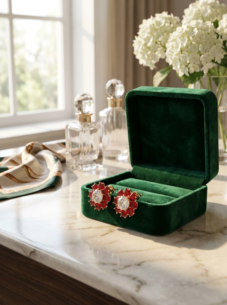 Radiant Red & Crystal Flower Stud Earrings for Women