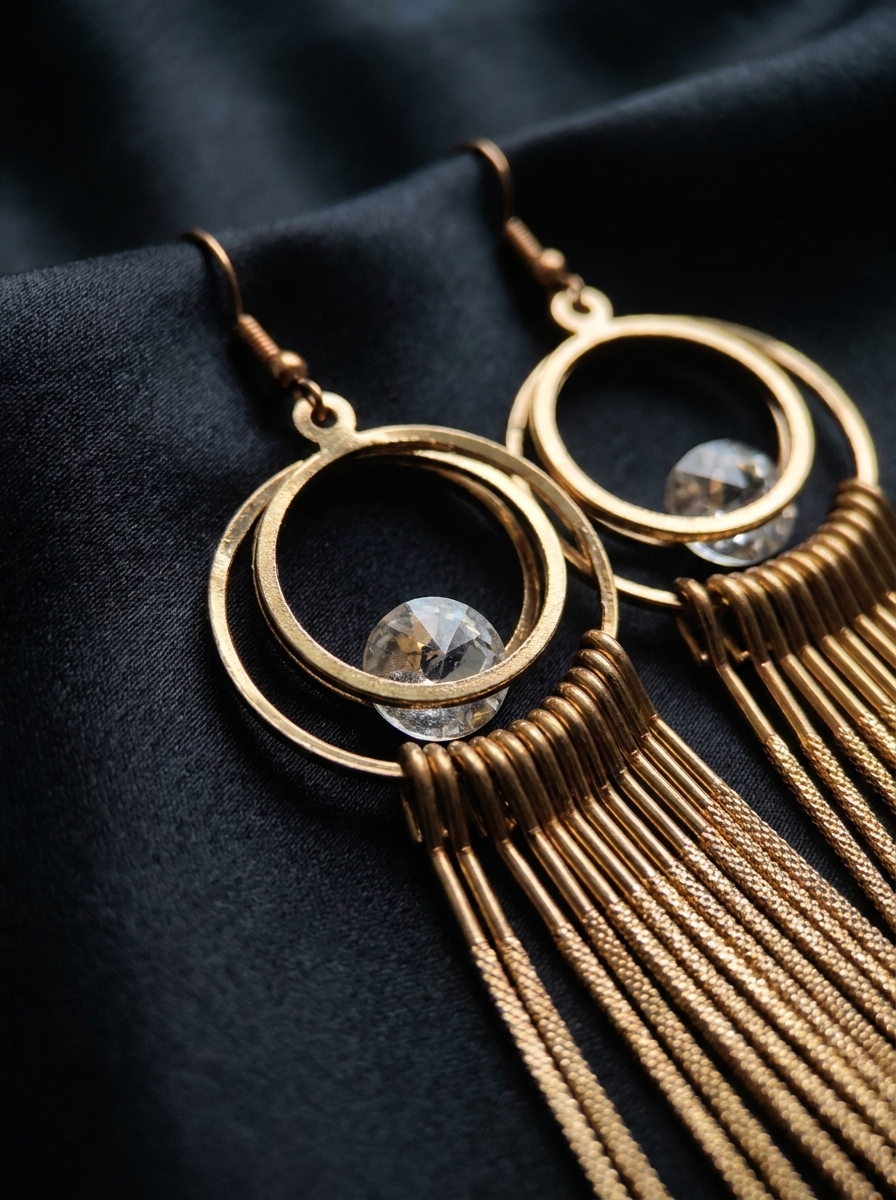 Gold Tassel Earrings with Crystal Hoops - Elegant Statement Jewelry