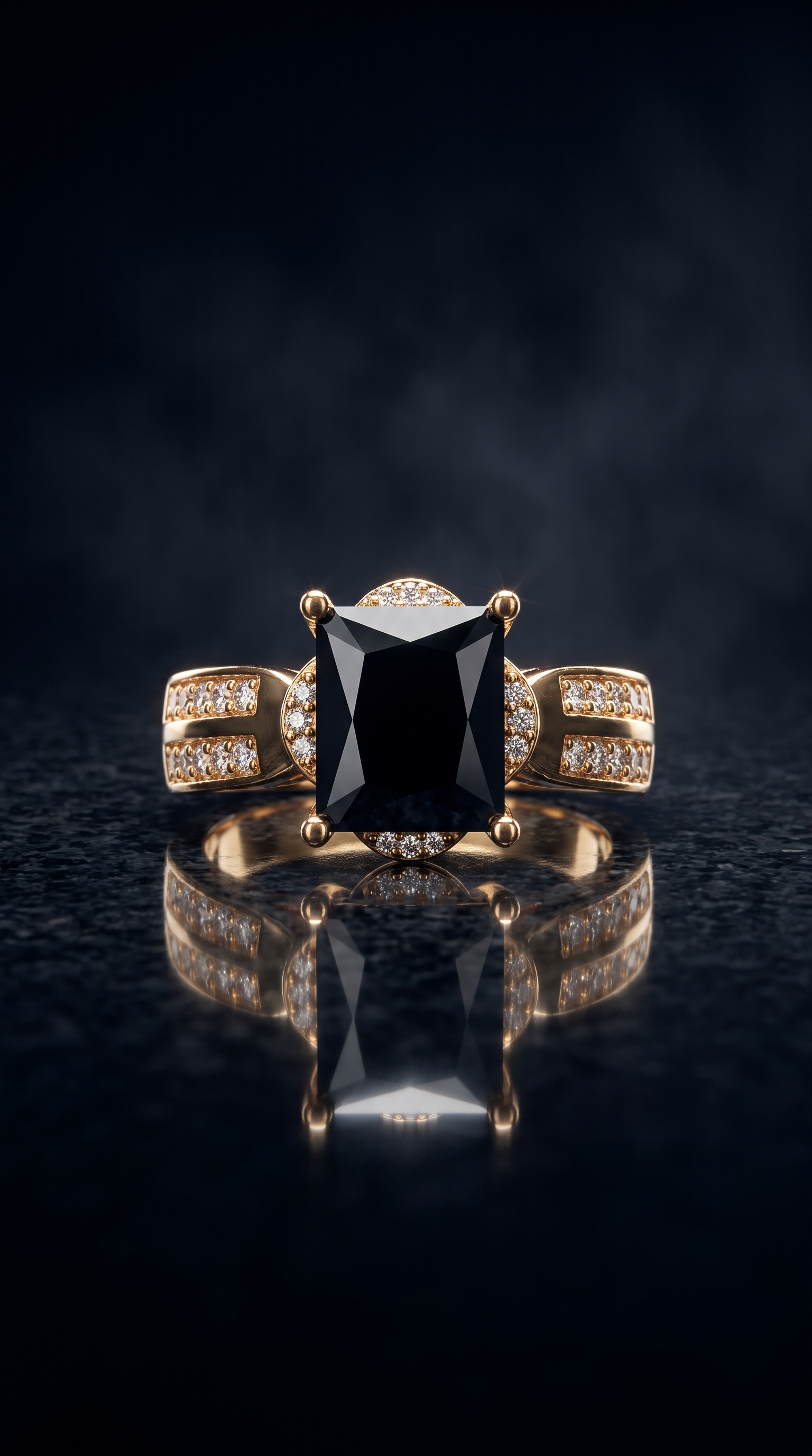 Luxury Gold-Toned Black Diamond Princess Cut Ring with Pavé Side Bands